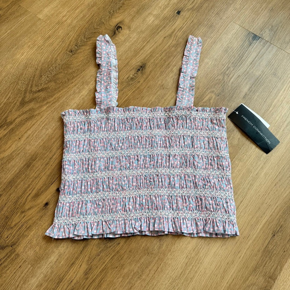 NWT FRENCH CONNECTION Womens Blue Pink Floral Smocked‎ Ruffle Tank Top Size 6